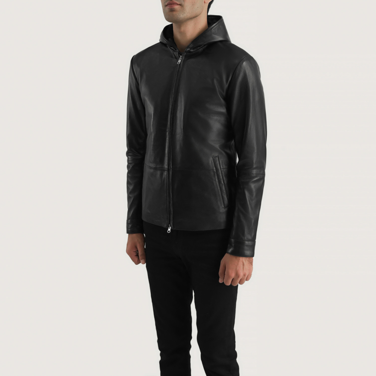Mens Andy Matte Black Hooded Leather Jacket Side Pose-3-1700228474692